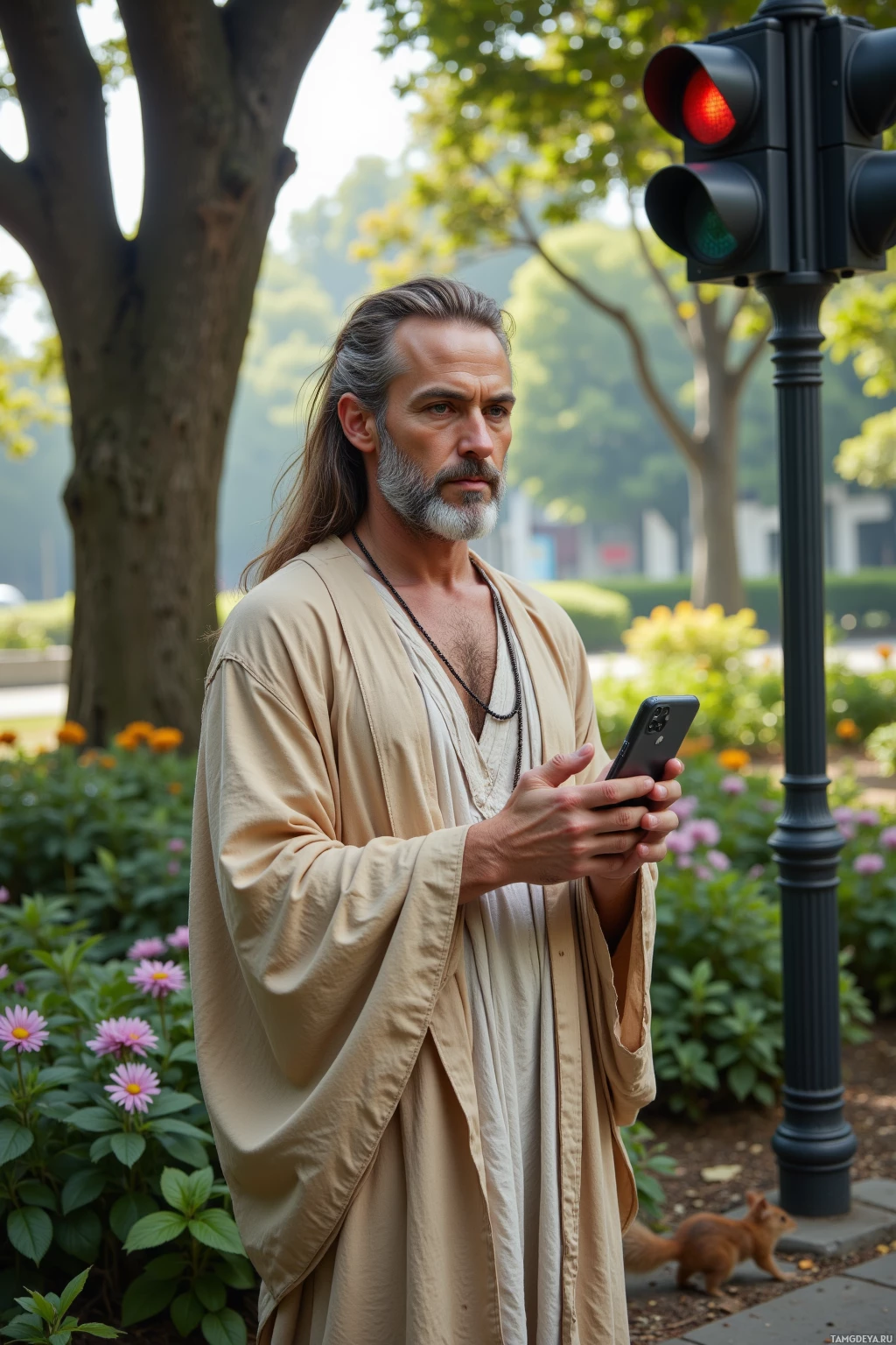 Мужчина в халате стоит возле светофора, держа в руках телефон.