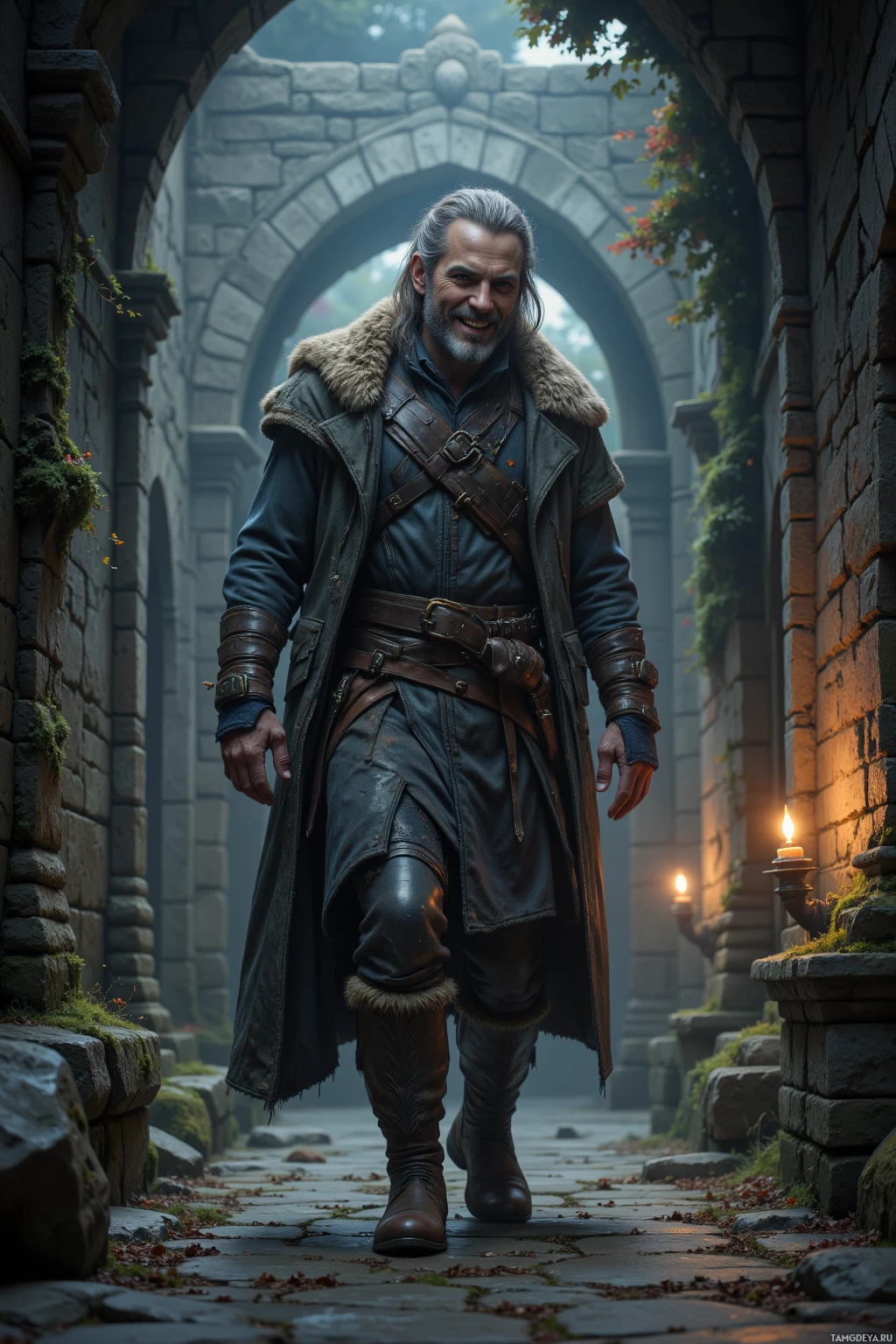 Мужчина в средневековой одежде идёт через каменную арку.