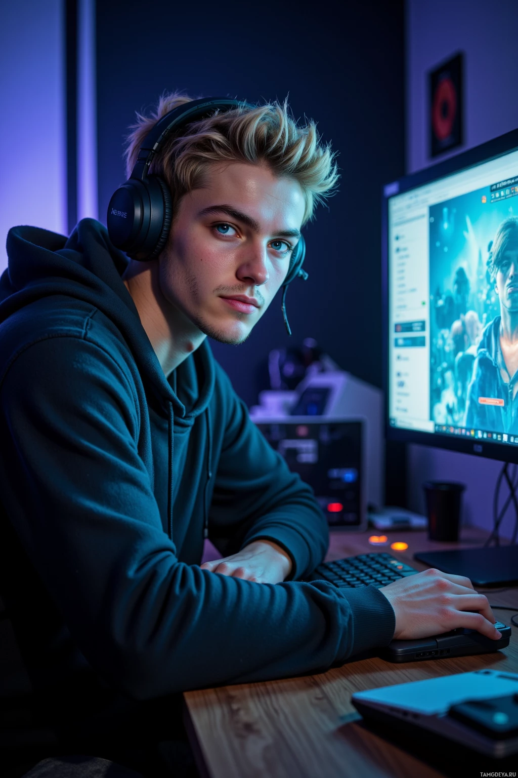 Человек в наушниках сидит за столом перед компьютерным монитором, освещенный сине-фиолетовым освещением.