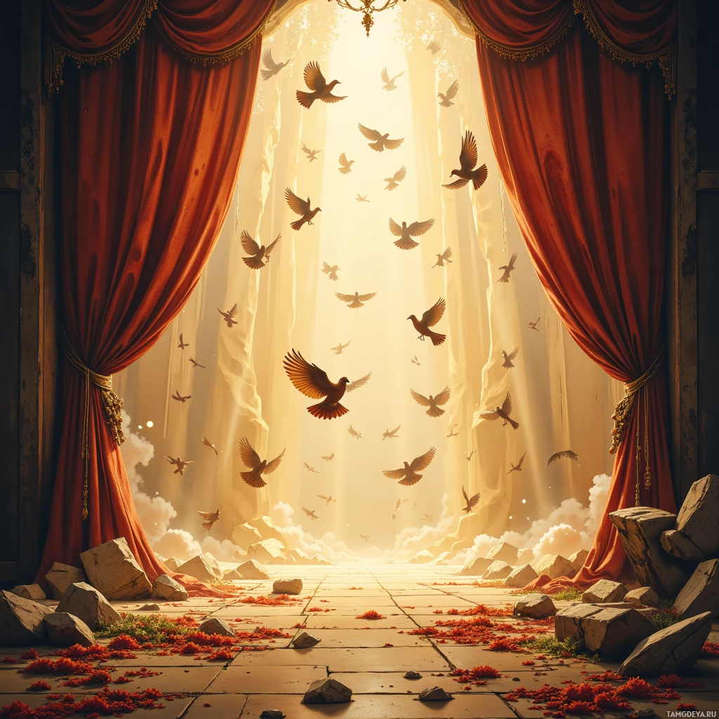 Величественная сцена, залитая солнечным светом: птицы парят в золотистом сиянии, на фоне красных штор и разбросанных камней на каменной дорожке.