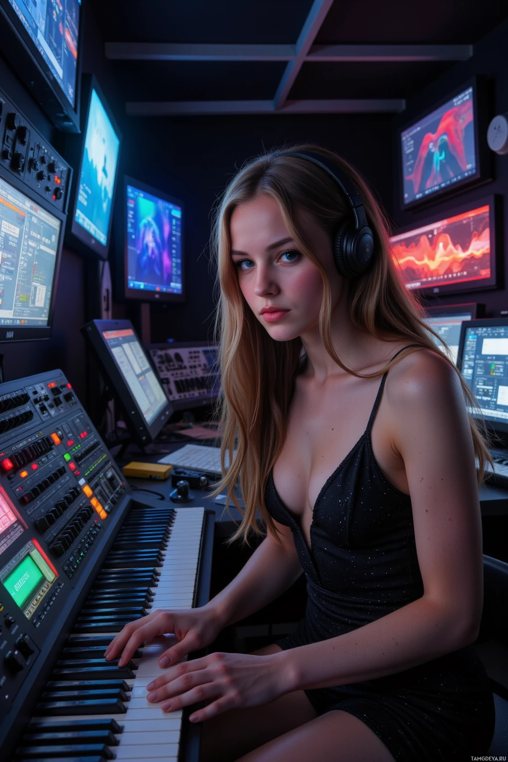 Человек в наушниках сидит за клавиатурой в музыкальной студии, оборудованной несколькими мониторами.