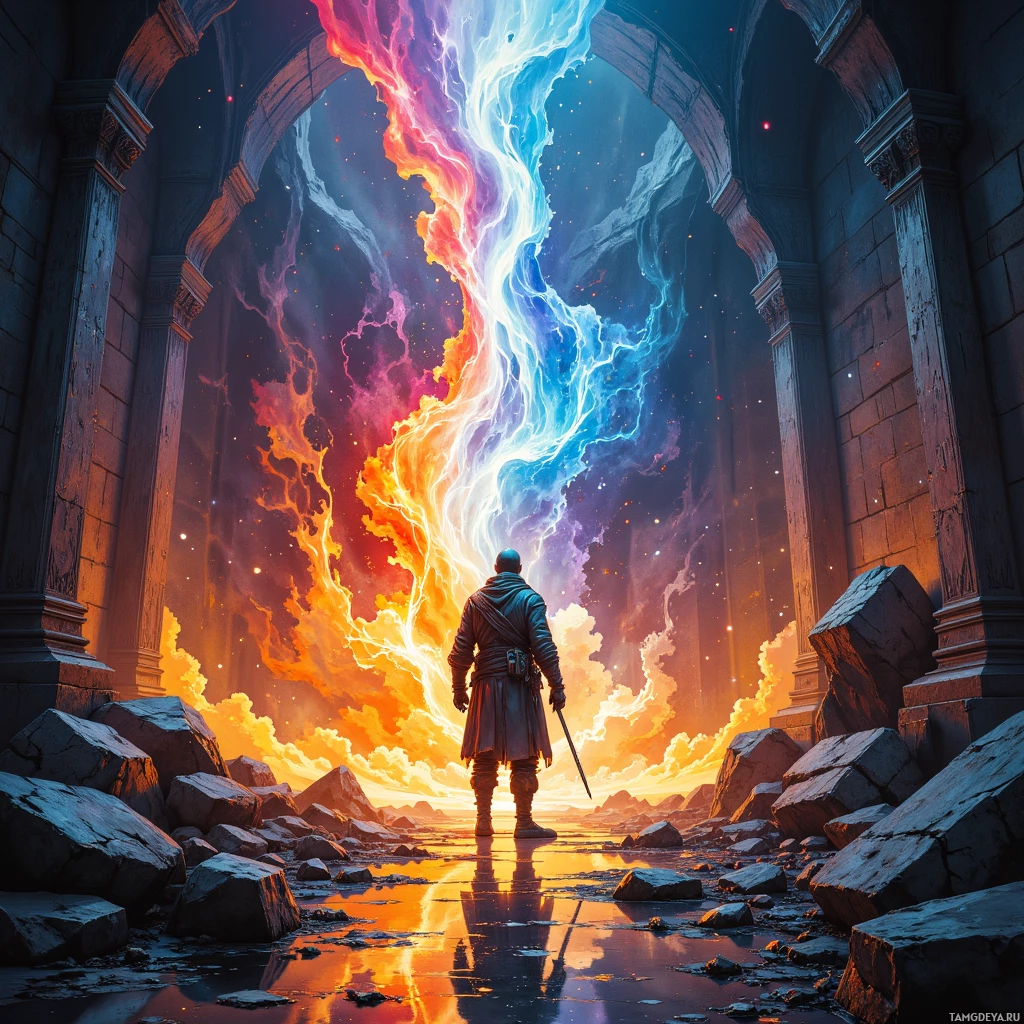 Одинокая фигура стоит перед величественным арочным проемом, глядя на яркое небо, разделённое светящейся, разноцветной полосой.