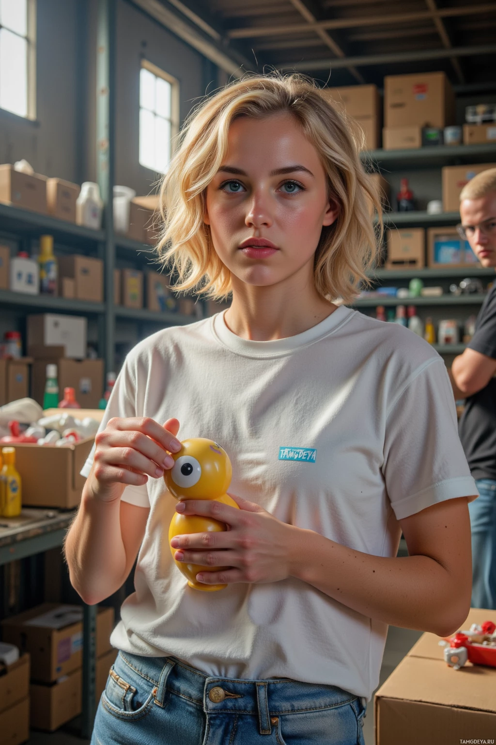 Человек в складе держит в руках жёлтую игрушку.