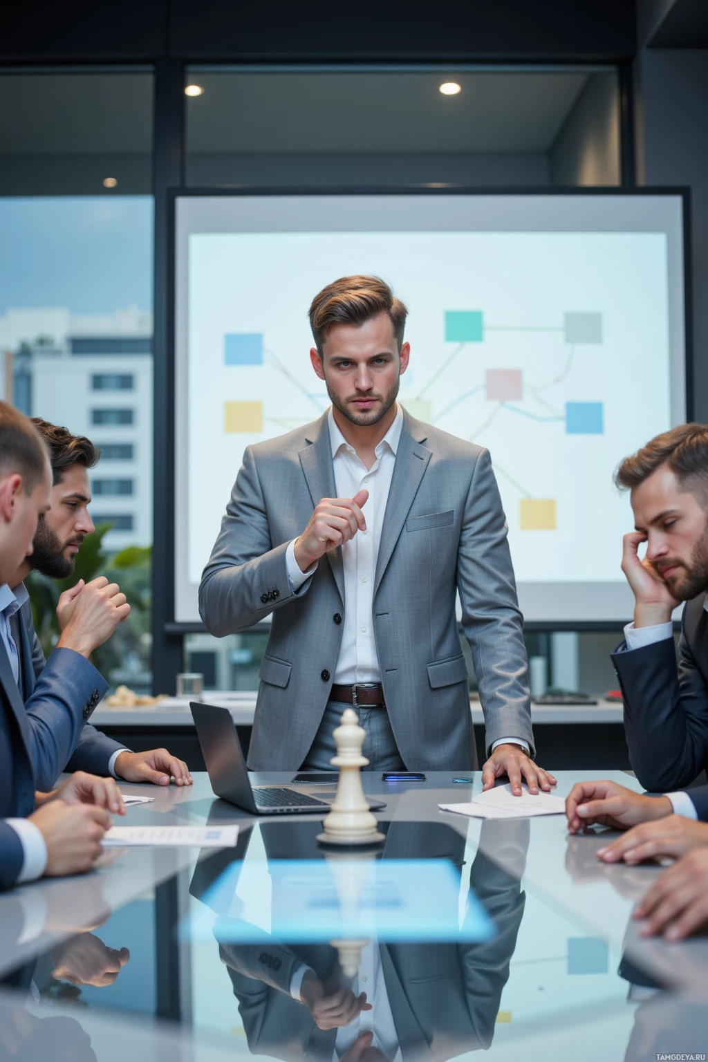 Мужчина в костюме стоит за конференц-столом, жестикулируя и обращаясь к группе коллег.