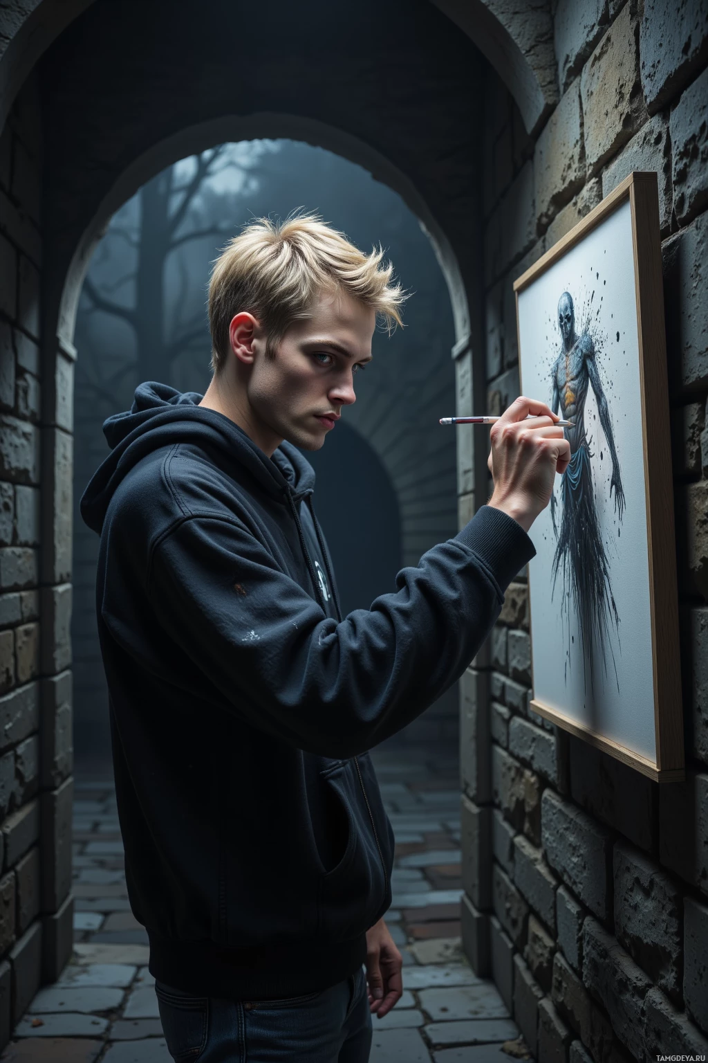 Человек в толстовке рисует на холсте изображение скелета, находясь в каменном арковом проходе.