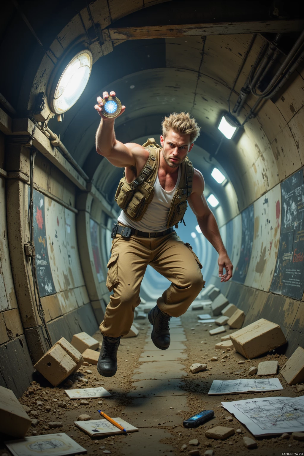 Мужчина в тактическом снаряжении держит светящееся устройство в полумраке завала.