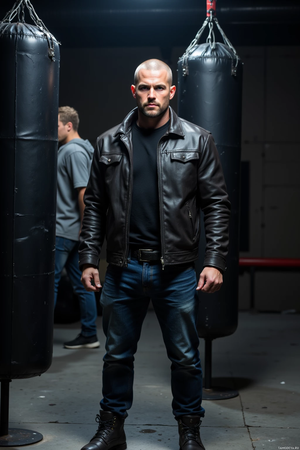 Мужчина стоит в тренажерном зале, одетый в кожаную куртку и джинсы, на заднем плане видно боксерский мешок.