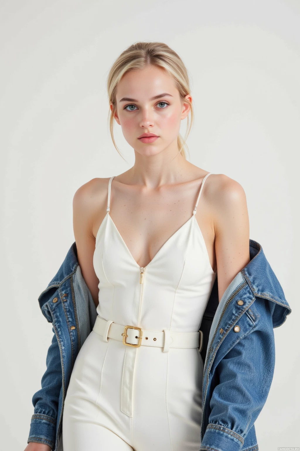 Женщина в белом платье с джинсовой курткой, накинутой на плечо.