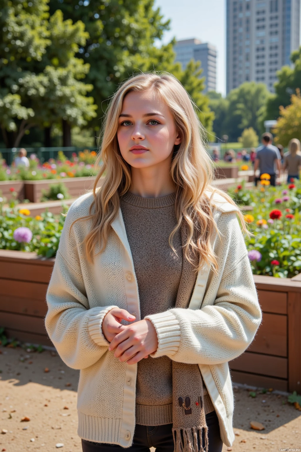 Человек стоит на улице в парке, одетый в бежевый кардиган и коричневый свитер, на заднем плане зелень и здания.