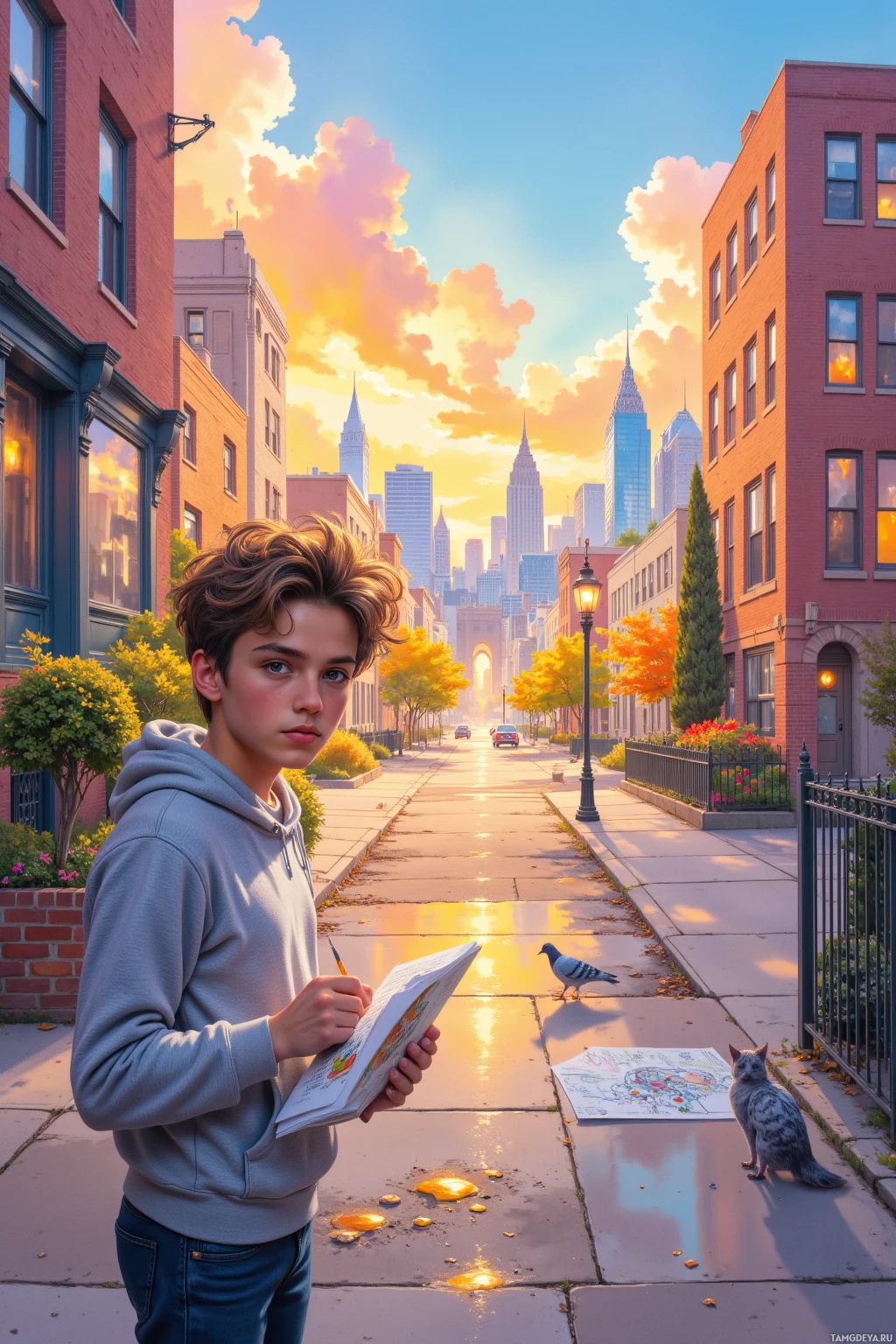 На городской улице стоит молодой человек, делая набросок. Рядом – голубь и кошка, а на заднем плане – яркий городской пейзаж.