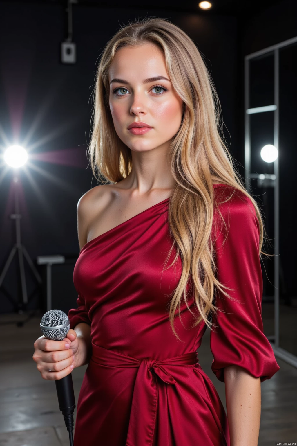 Женщина в красном платье держит микрофон в студии.