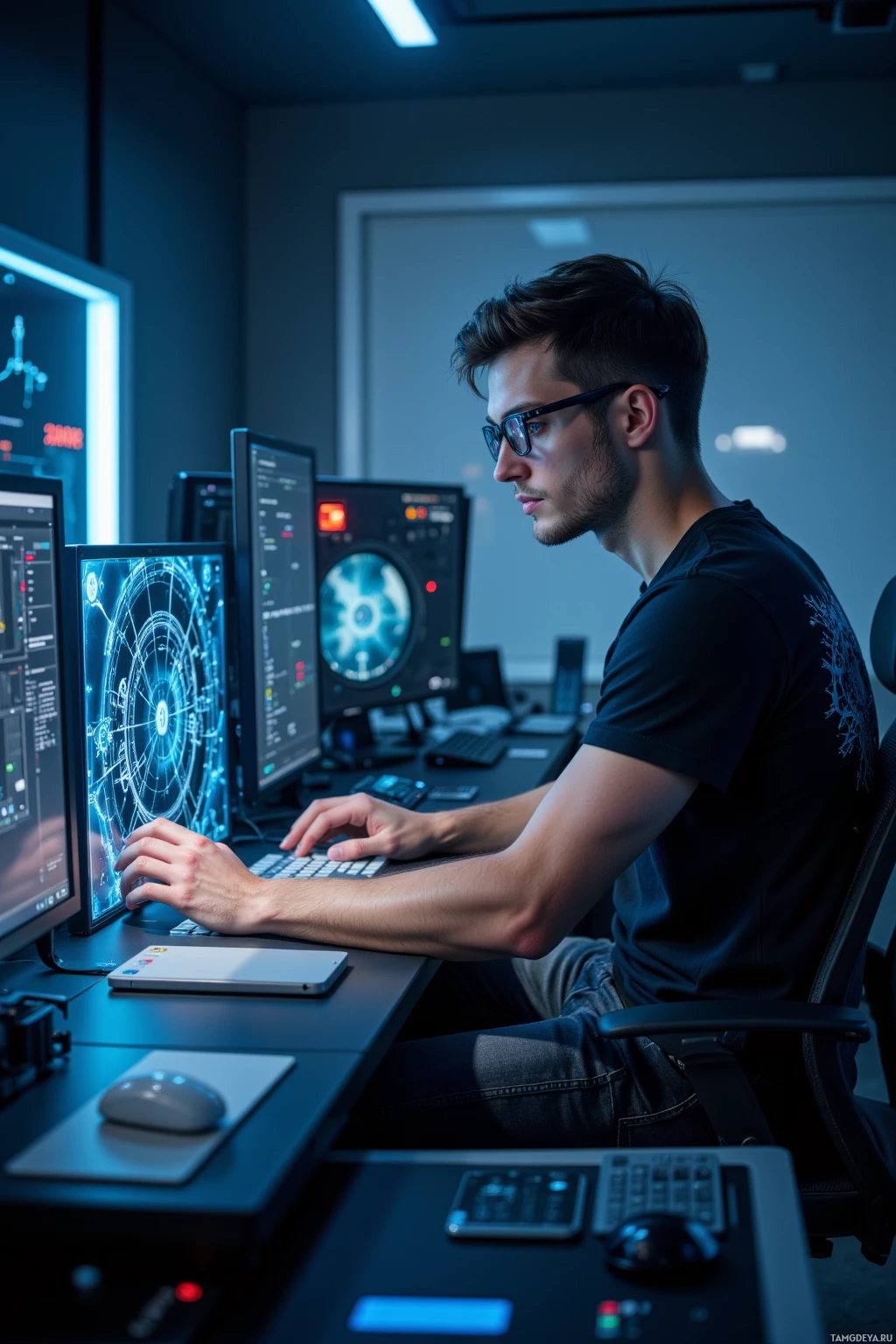 Человек работает за столом, перед которым несколько компьютерных мониторов с техническими графиками.