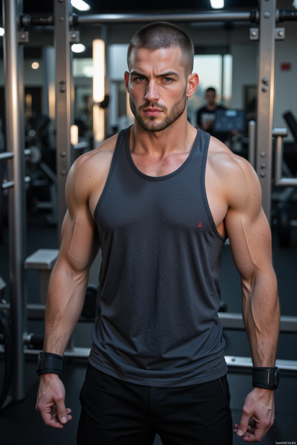 Мускулистый мужчина в спортзале в черной майке и шортах.