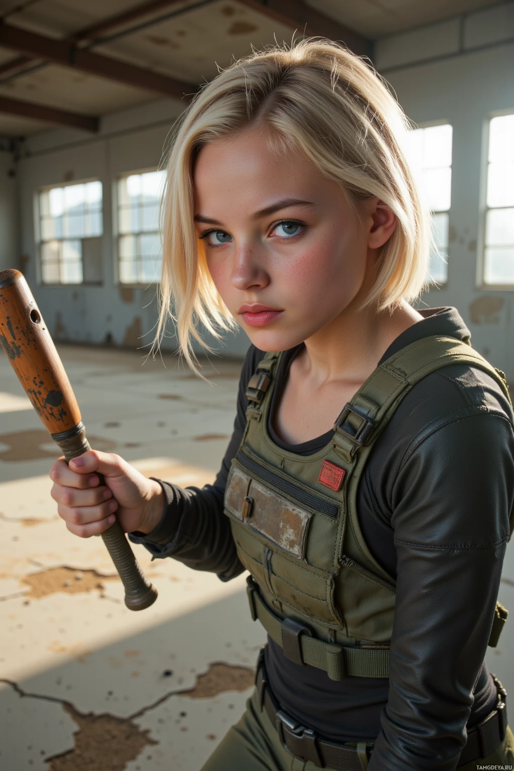 В залитом солнцем, полуразрушенном помещении человек в тактическом снаряжении держит бейсбольную биту.