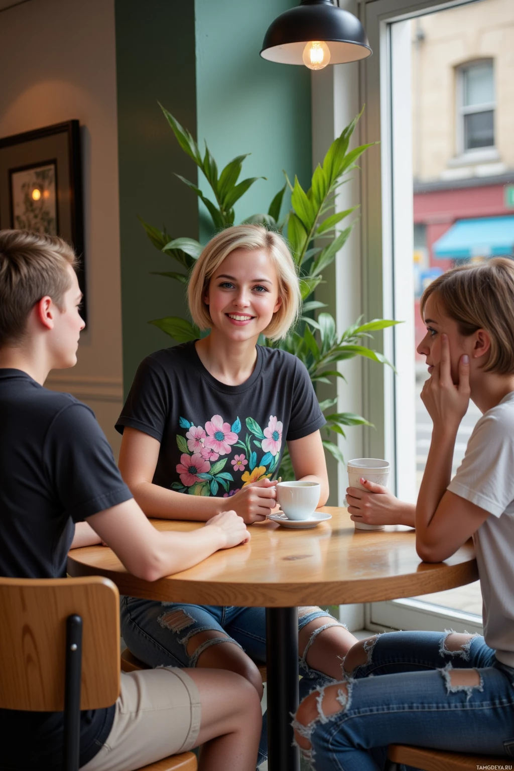 Трое людей сидят за столиком в кафе, наслаждаясь напитками и беседой.