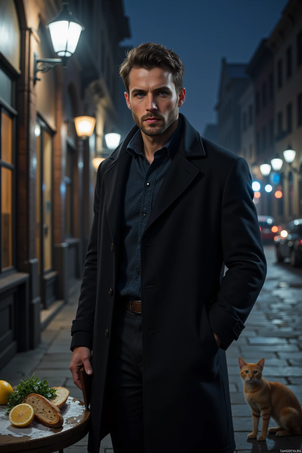 Мужчина в темном пальто стоит на тускло освещенной ночной улице, на переднем плане — кот и стол с хлебом и лимоном.