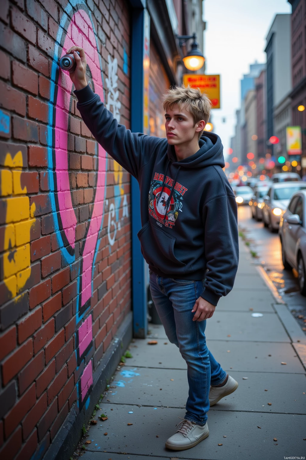 На тротуаре возле кирпичной стены с граффити стоит человек в толстовке и джинсах.