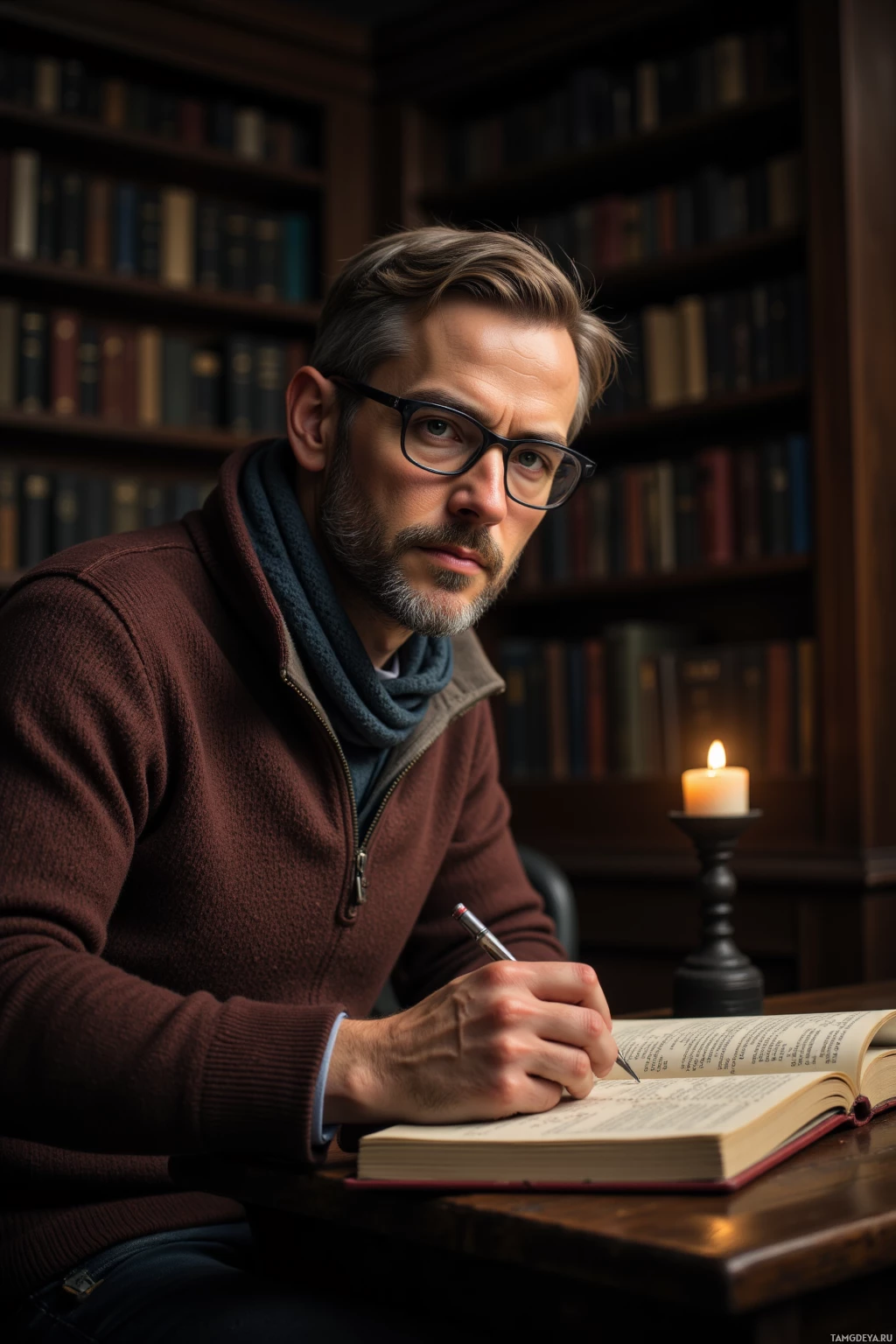 Мужчина в очках сидит за столом в библиотеке, записывая что-то в книгу, рядом горит свеча.