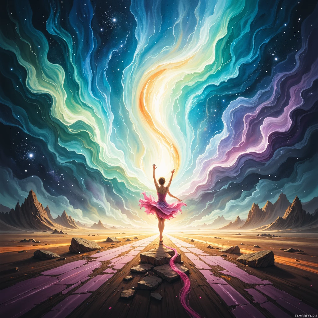 Балерина в розовой пачке стоит на потрескавшейся дорожке, тянувшись к яркому, космическому небу.