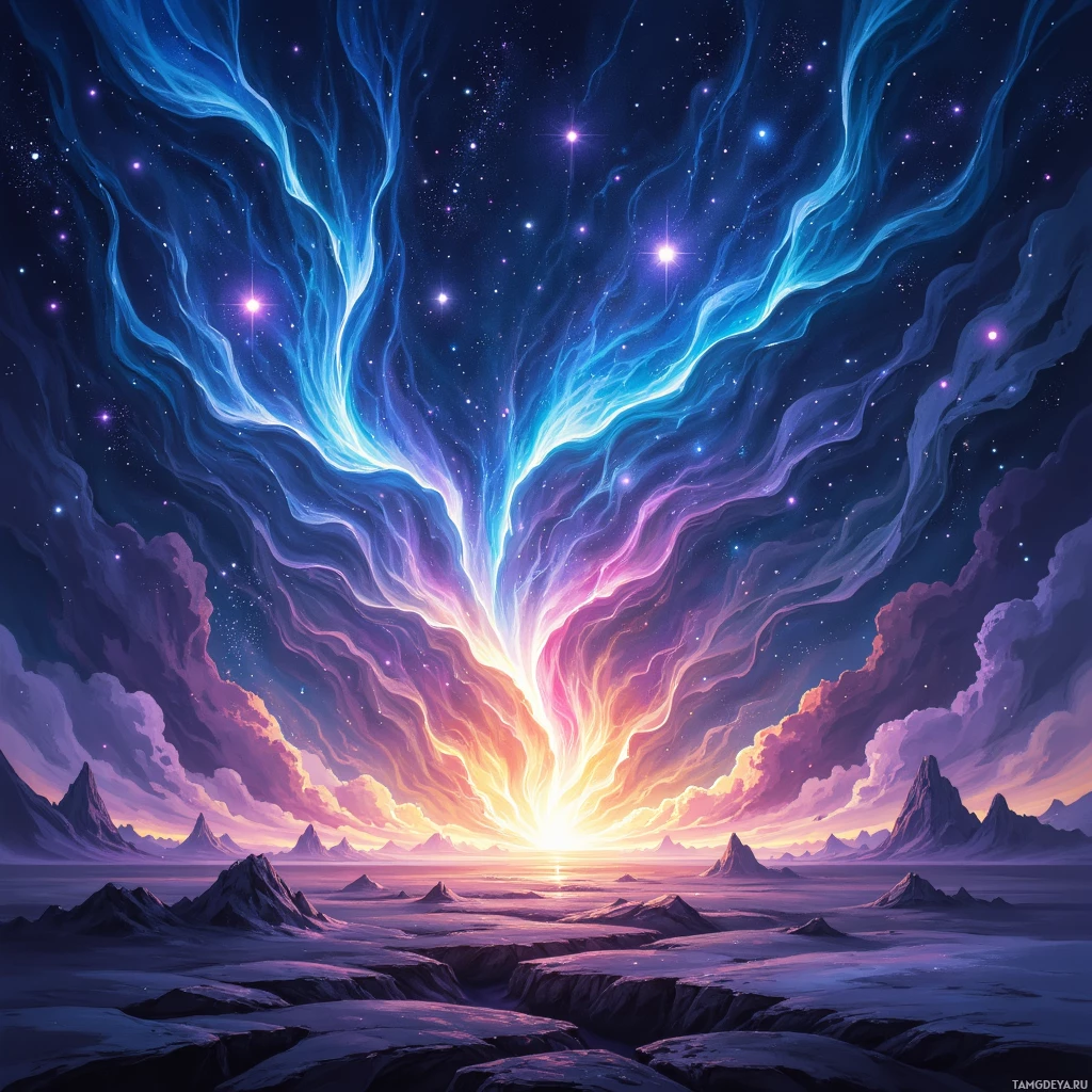 Яркий космический пейзаж с усыпанным звездами небом, светящимися туманностями и гористой местностью.