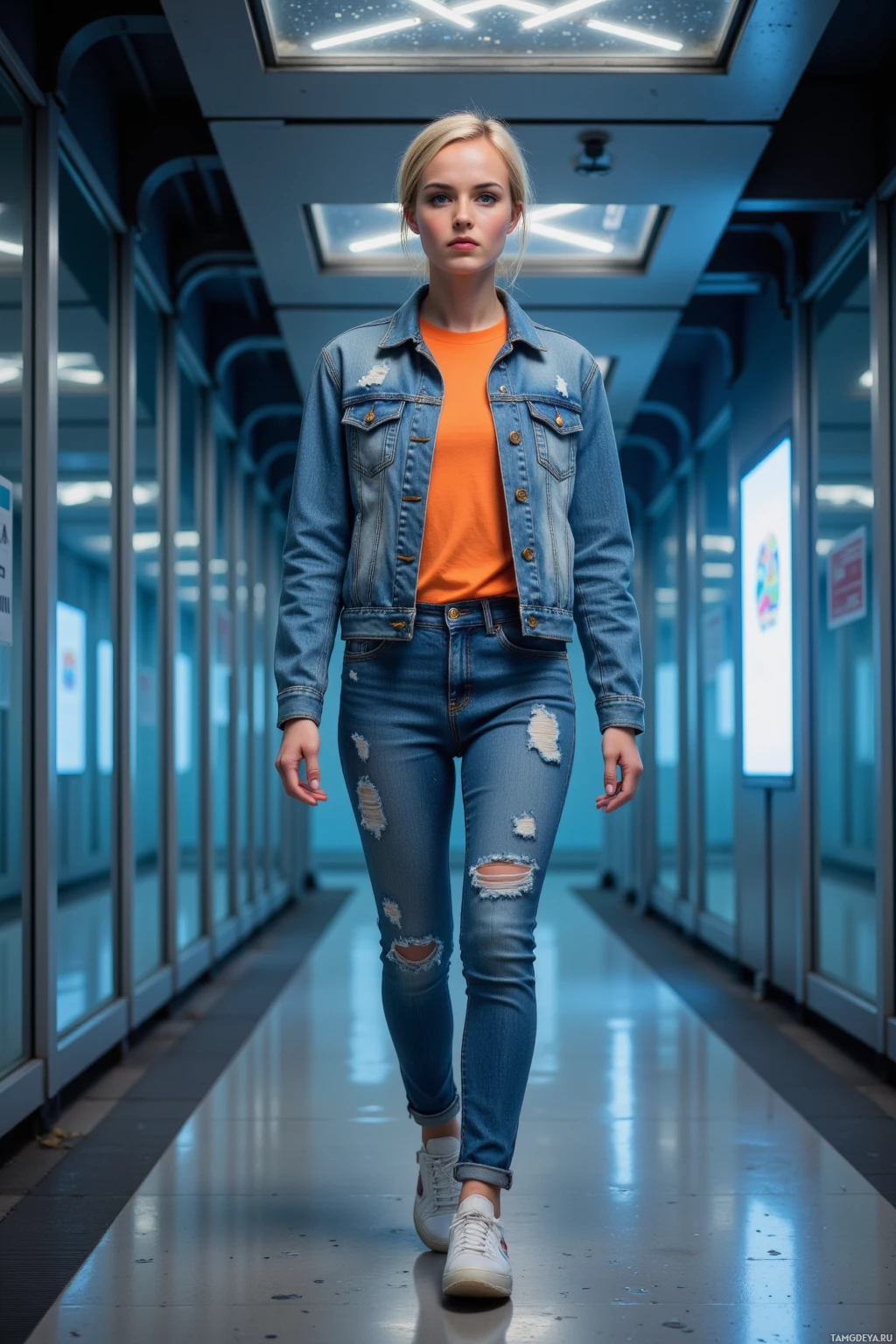 Человек идёт по современному коридору в джинсовой куртке, оранжевой рубашке и рваных джинсах.