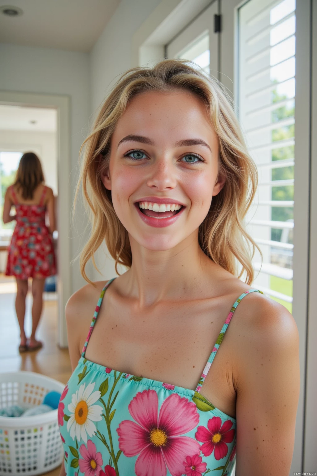 Молодая женщина с светлыми волосами улыбается в залитой светом комнате.