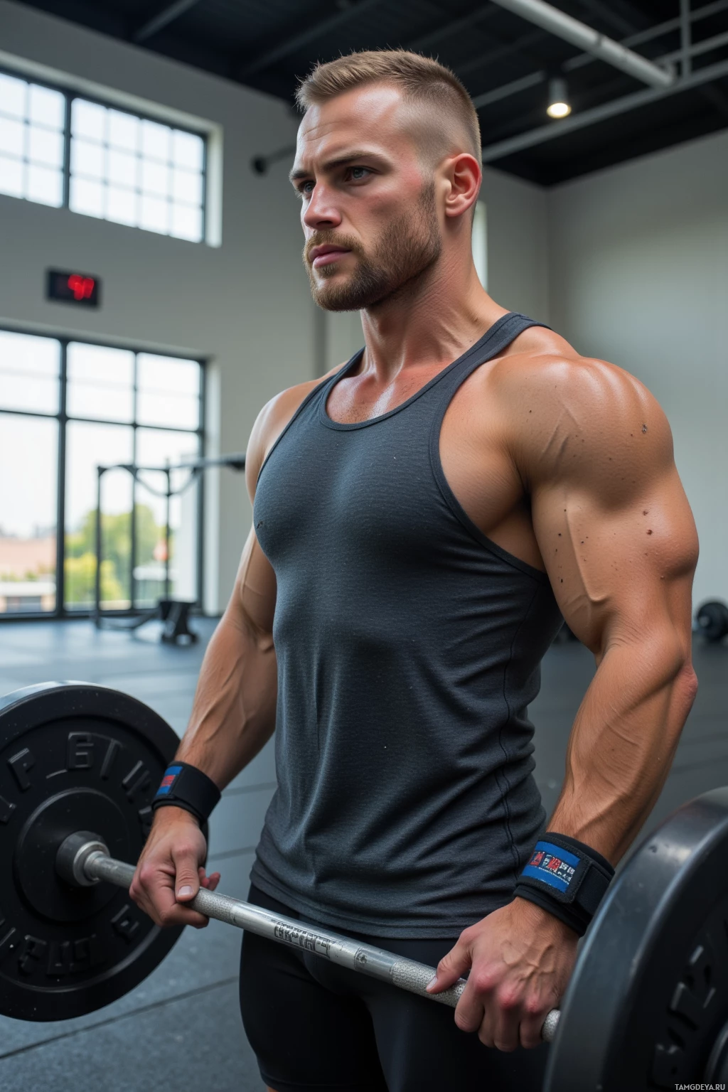 Мускулистый мужчина в тренажерном зале держит штангу.