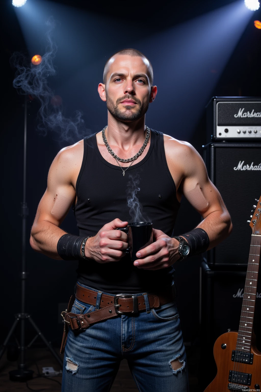 Мускулистый мужчина в черной майке и джинсах держит парящую парком кружку, стоя на фоне гитарного усилителя Marshall и гитары.