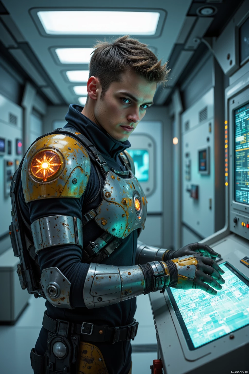 Человек в футуристических доспехах управляет панелью управления в научно-фантастическом окружении.
