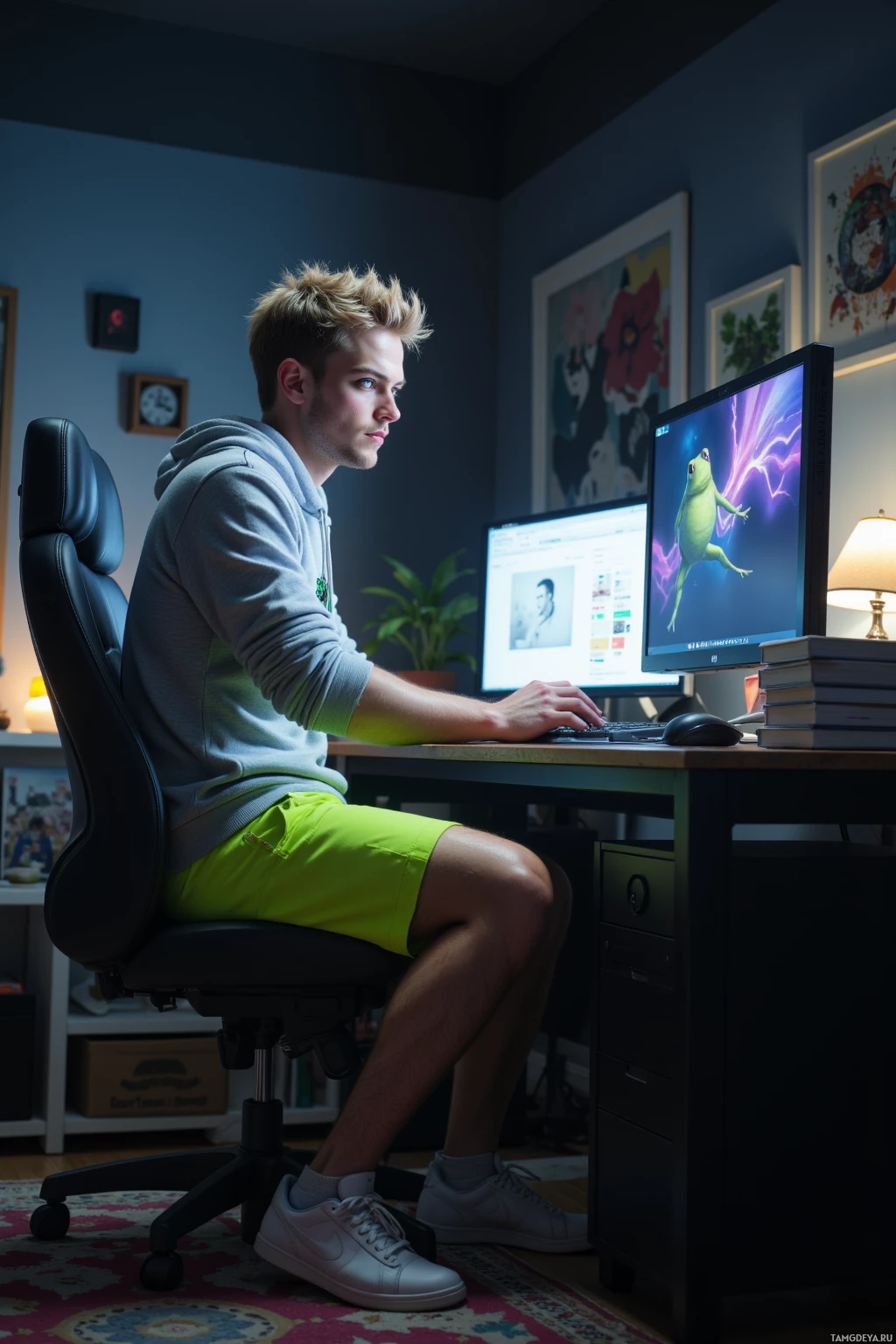 Человек сидит за столом и работает за компьютером в полумраке.