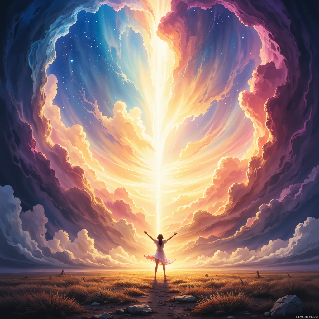 Человек стоит в бескрайнем, открытом пейзаже под сияющим, облаком в форме сердца.