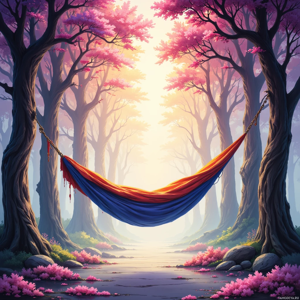 Спокойная лесная сцена: гамак, натянутый между высокими деревьями, утопает в розовой цветущей зелени, а рядом течет тихая река.