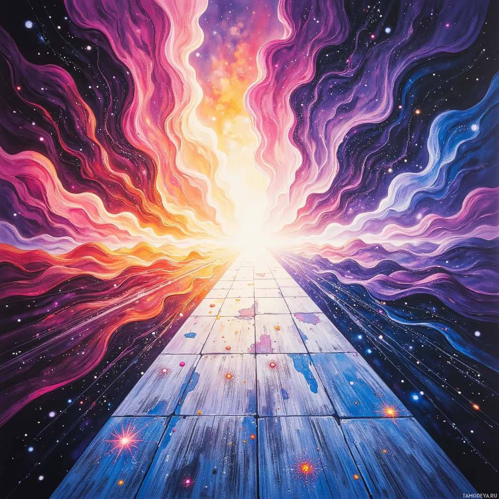 Яркая космическая сцена с сияющим путем, ведущим к светлому горизонту.