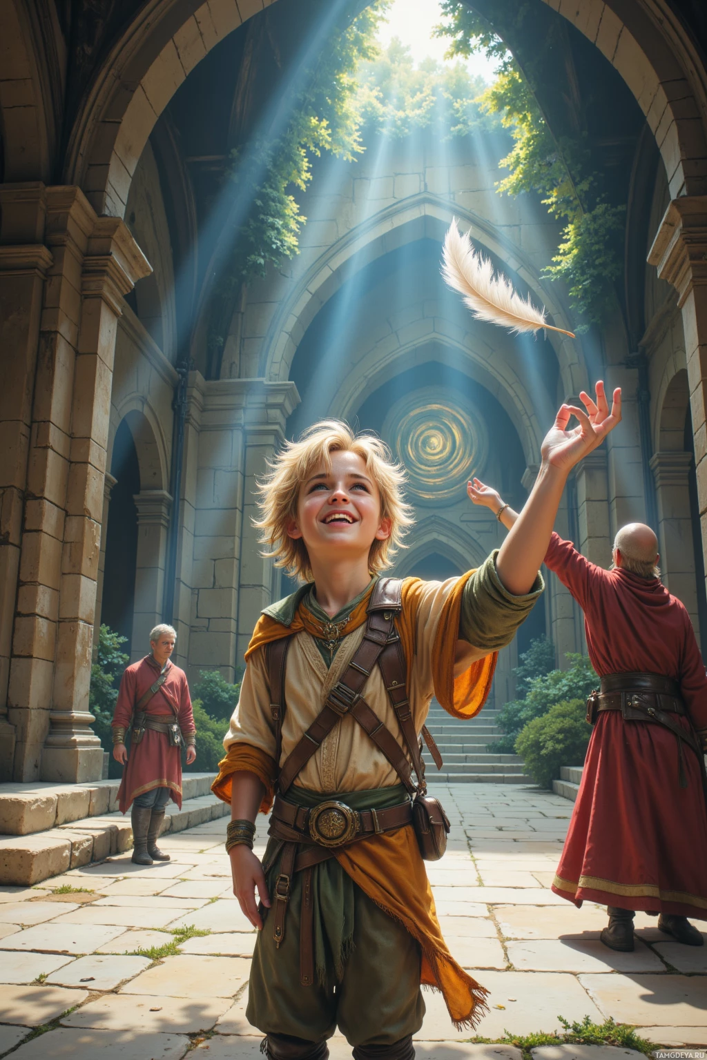 Молодой человек в средневековой одежде стоит на залитом солнцем дворе, тянущийся вверх с пером в руке.