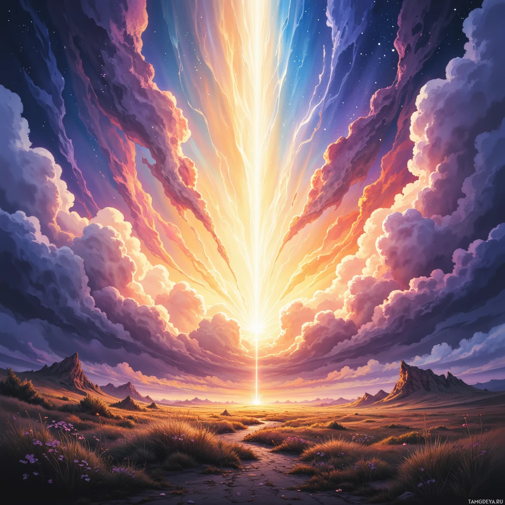 Яркий закат над пустынным ландшафтом, с лучами света, пробивающимися сквозь облака.