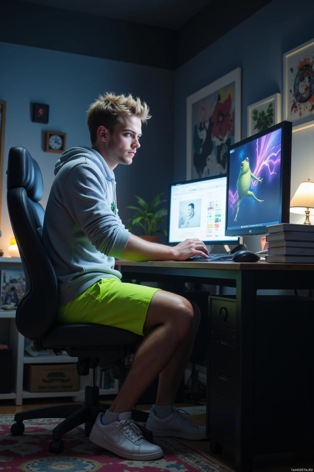 Человек сидит за столом и работает за компьютером в полумраке.