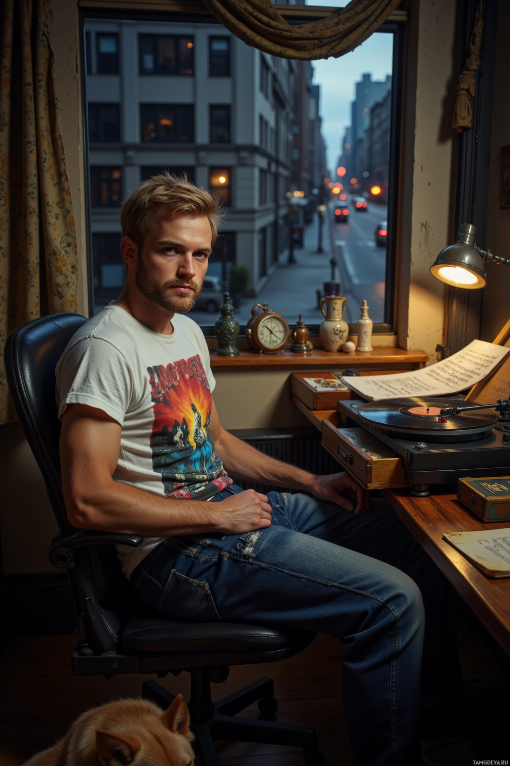 Мужчина сидит за столом у окна, рядом проигрыватель и собака.