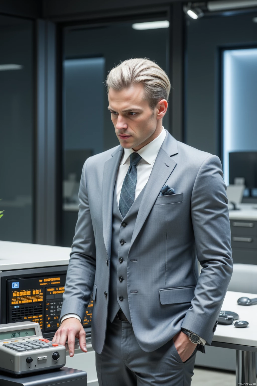 Мужчина в сером костюме стоит в офисном помещении.