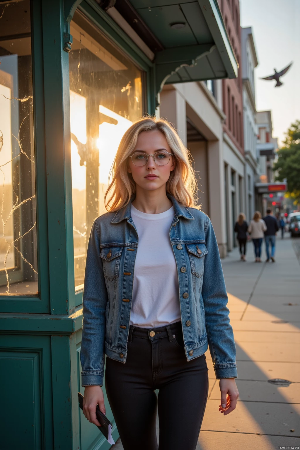 Человек в джинсовой куртке и очках стоит на тротуаре рядом с витриной магазина, залитой солнечным светом.