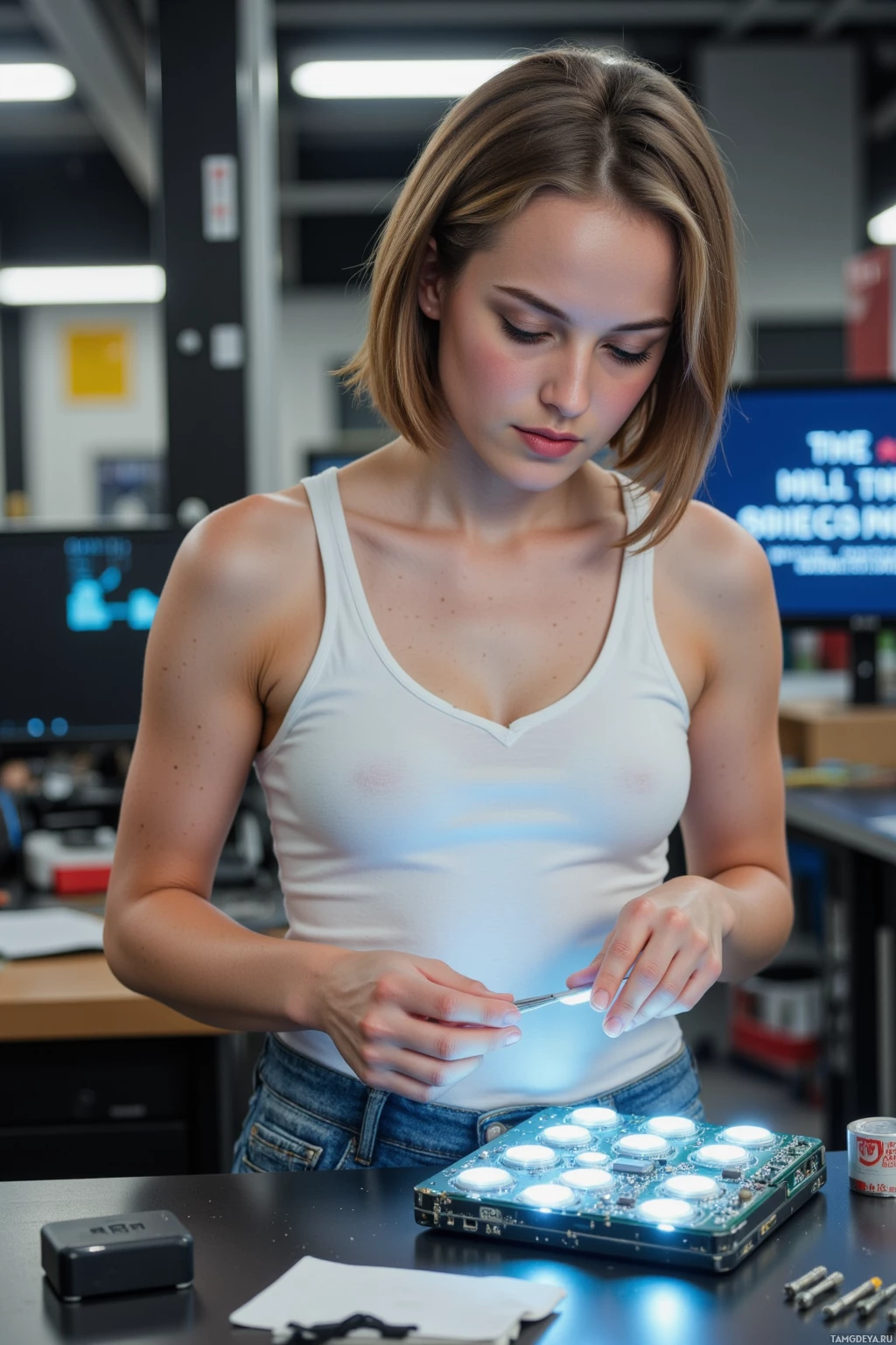 Человек в белой майке и джинсах работает над печатной платой под ярким светом.