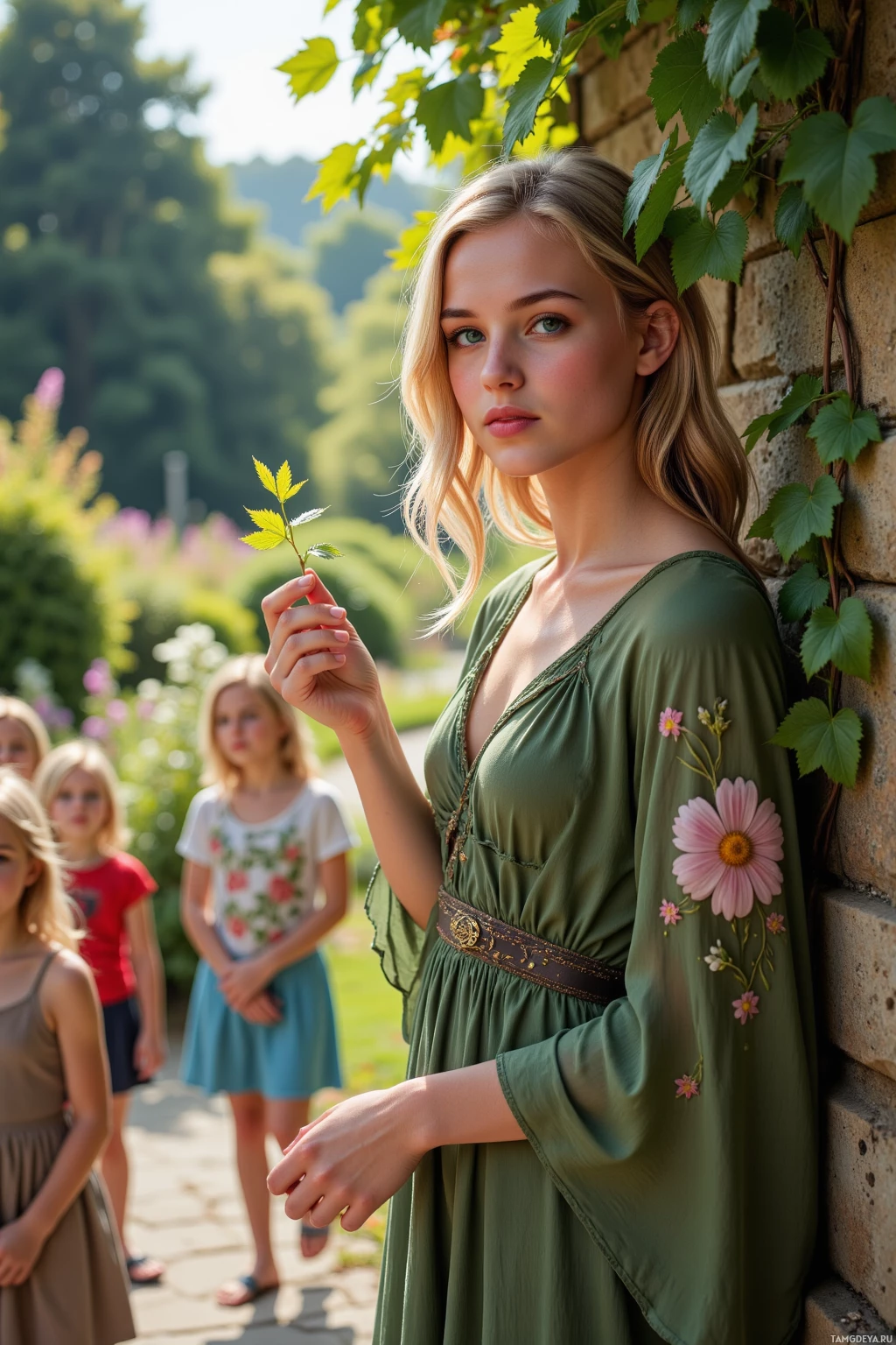 Женщина в зеленом платье стоит возле каменной стены, держа в руках лист, на заднем плане видны дети.