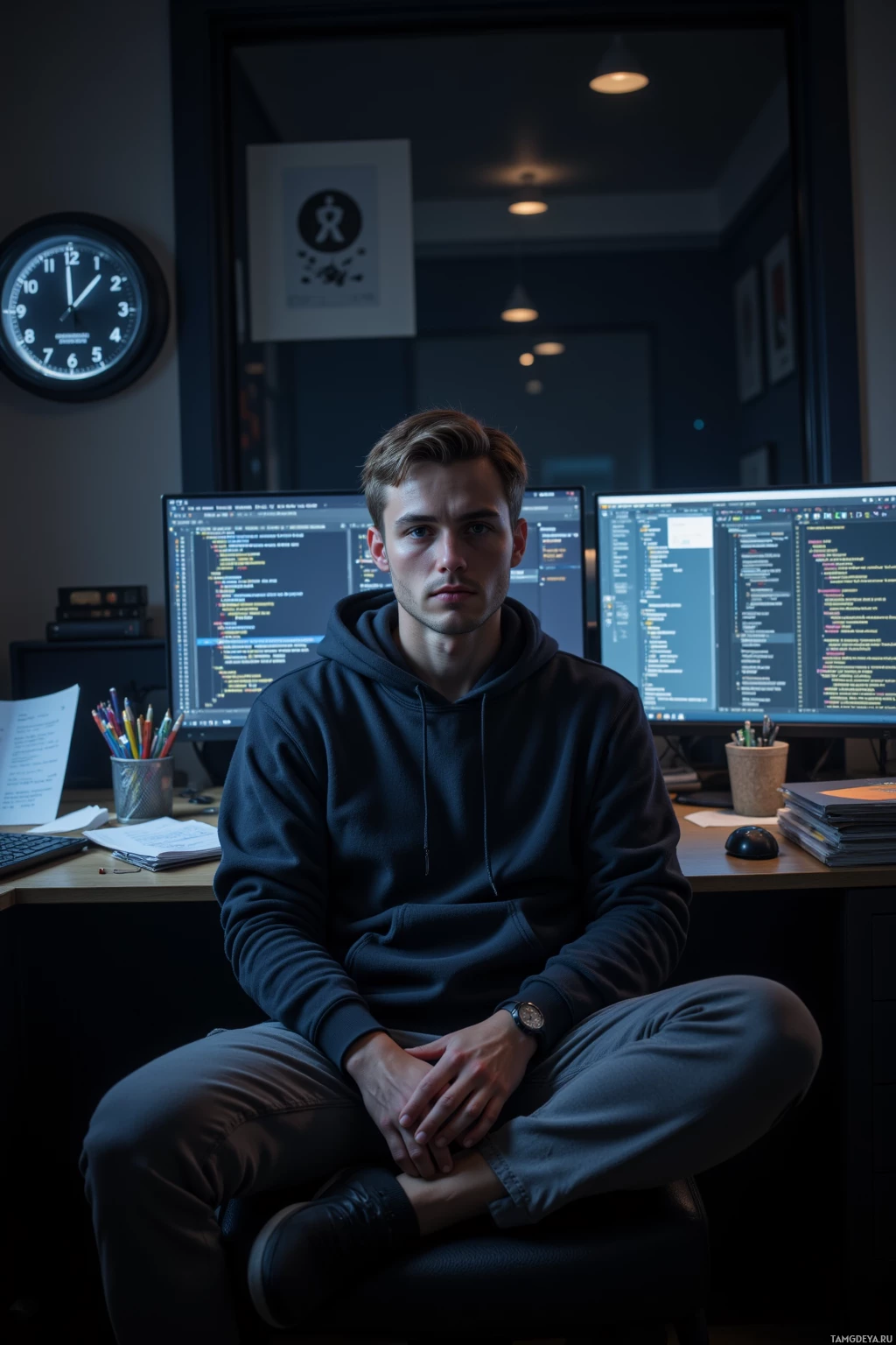 Человек сидит в полумраке кабинета, окруженный множеством мониторов с кодом.