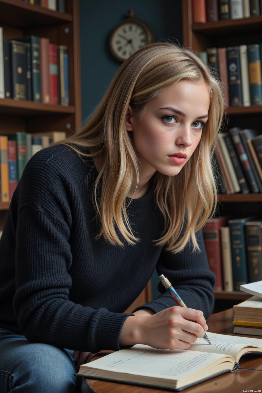 Человек сидит за столом в библиотеке и что-то записывает в блокнот.