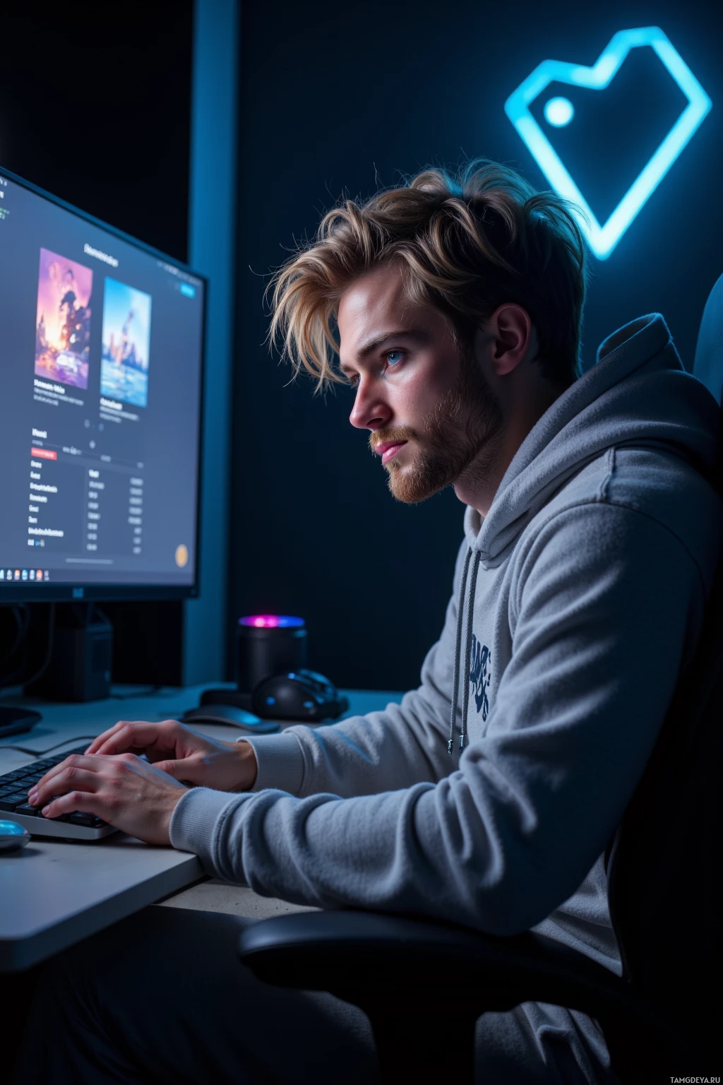 Человек в толстовке сидит за столом и работает за компьютером.