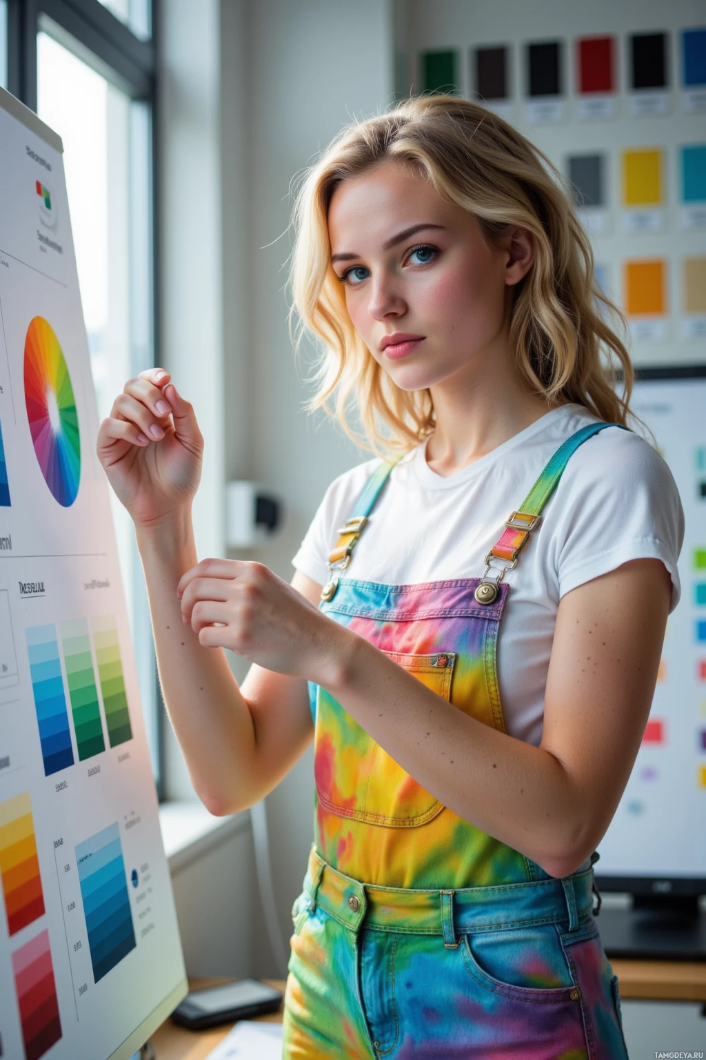 Человек в комбинезоне в технике тай-дай стоит перед компьютерным монитором, на котором отображён цветовой круг и другие графические элементы.