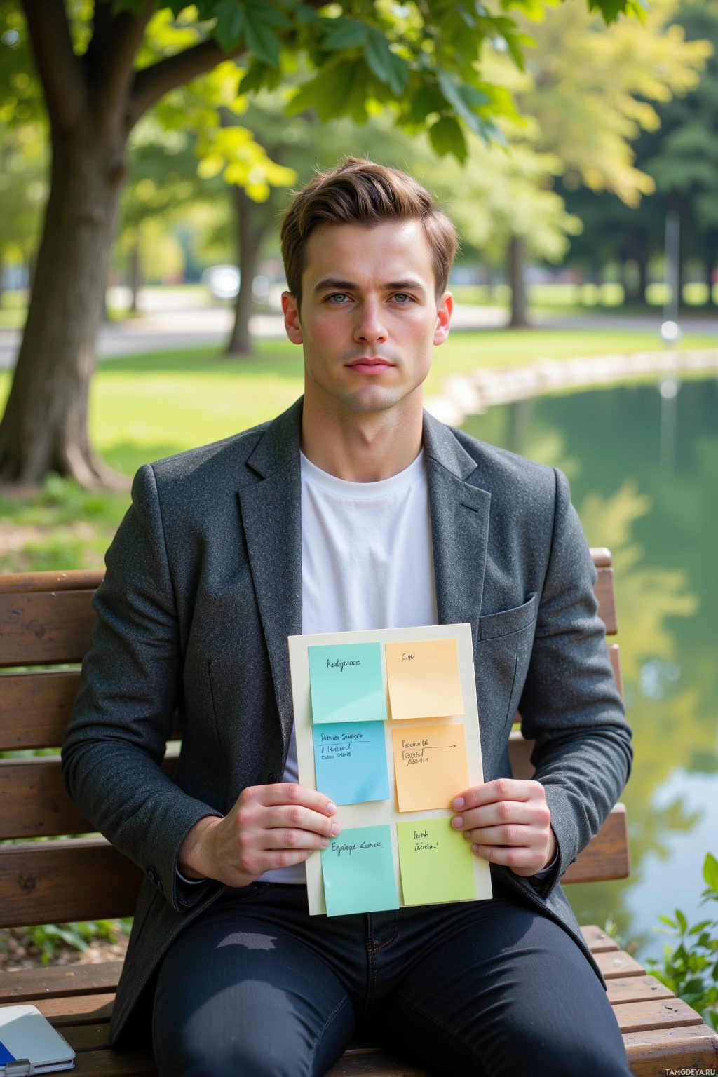 На парковой скамейке сидит человек, держа в руках стопку стикеров.