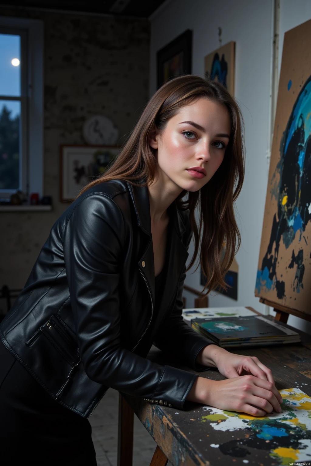 Женщина в черной кожаной куртке опирается на стол в художественной мастерской.
