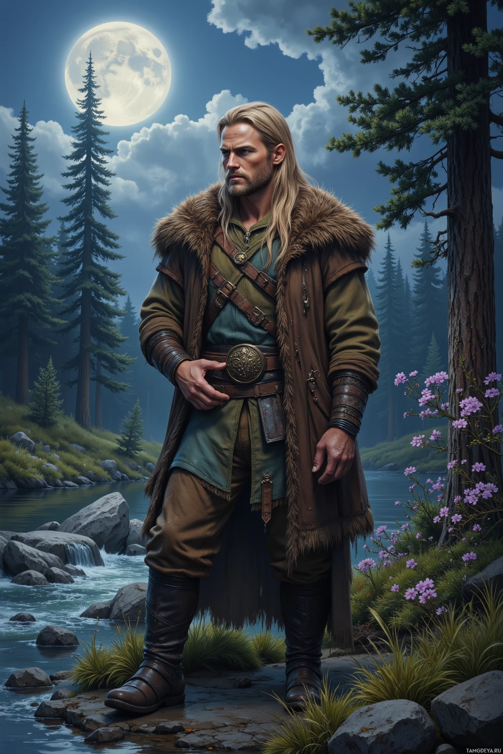 Мужчина в меховой накидке стоит у реки в свете полной луны.