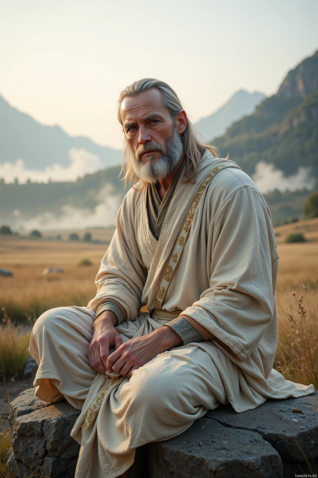 Мужчина в халате сидит на камне на фоне безмятежного горного пейзажа.