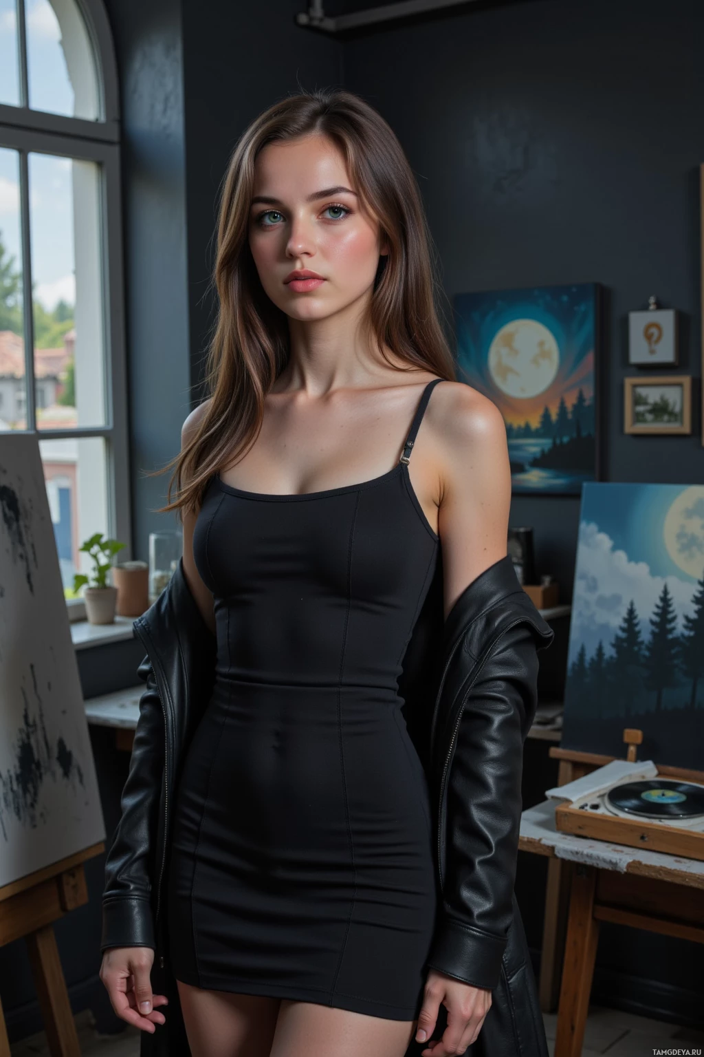 В комнате с картинами и окном стоит женщина в черном платье.